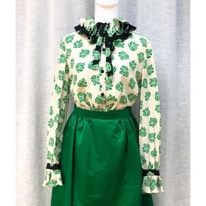 ADOLFO green leaves silk blouse and skirt set